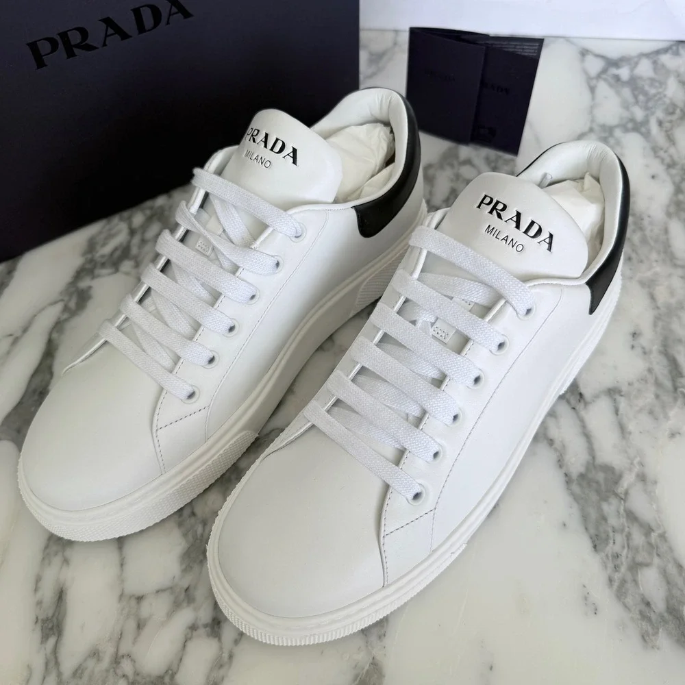 Prada Women White Leather Low Top Sneakers Black Heel Tab 1E621M Size US7